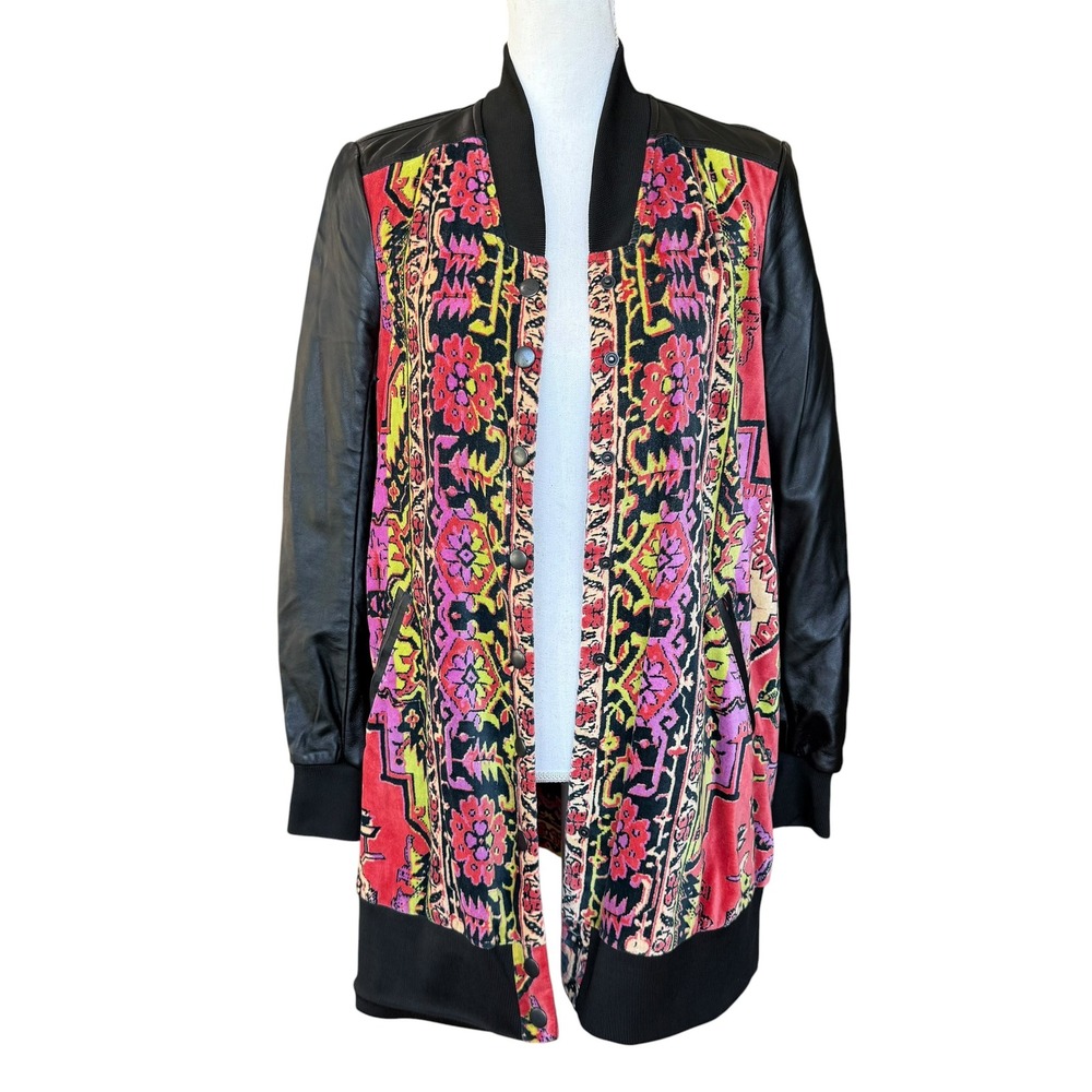 Free People New Romantics Leather Sleeve Velvet Tapestry Bomber Jacket XS‎ Red